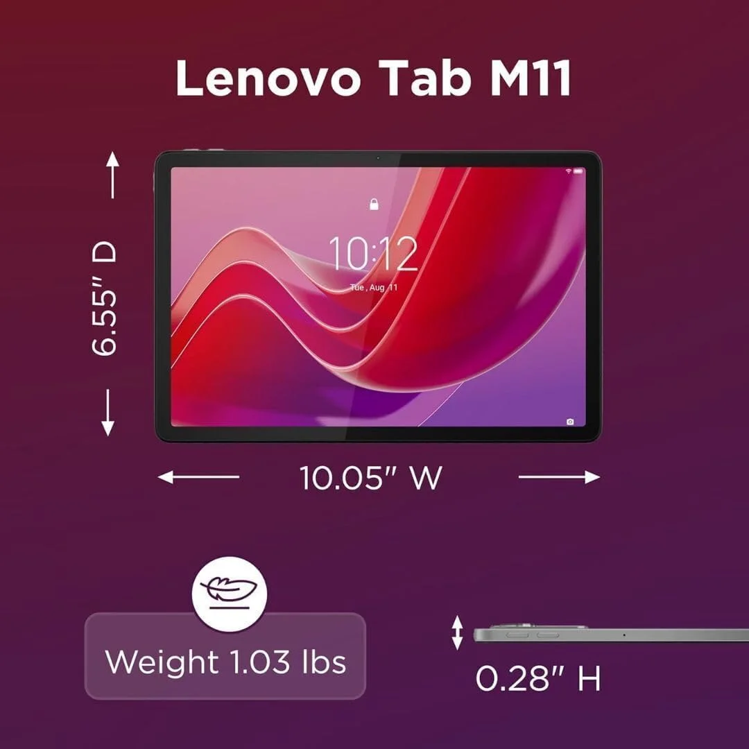تبلت لنوو Tab M11، نمایشگر 11 اینچی، پردازنده هشت هسته ای MediaTek Helio G88، رم 4 گیگابایتی، حافظه SSD 64 گیگابایتی، رزولوشن 1920x1200 پیکسل، حسگر نور محیط، باتری 10 ساعته، همراه با قلم، خاکستری لونا