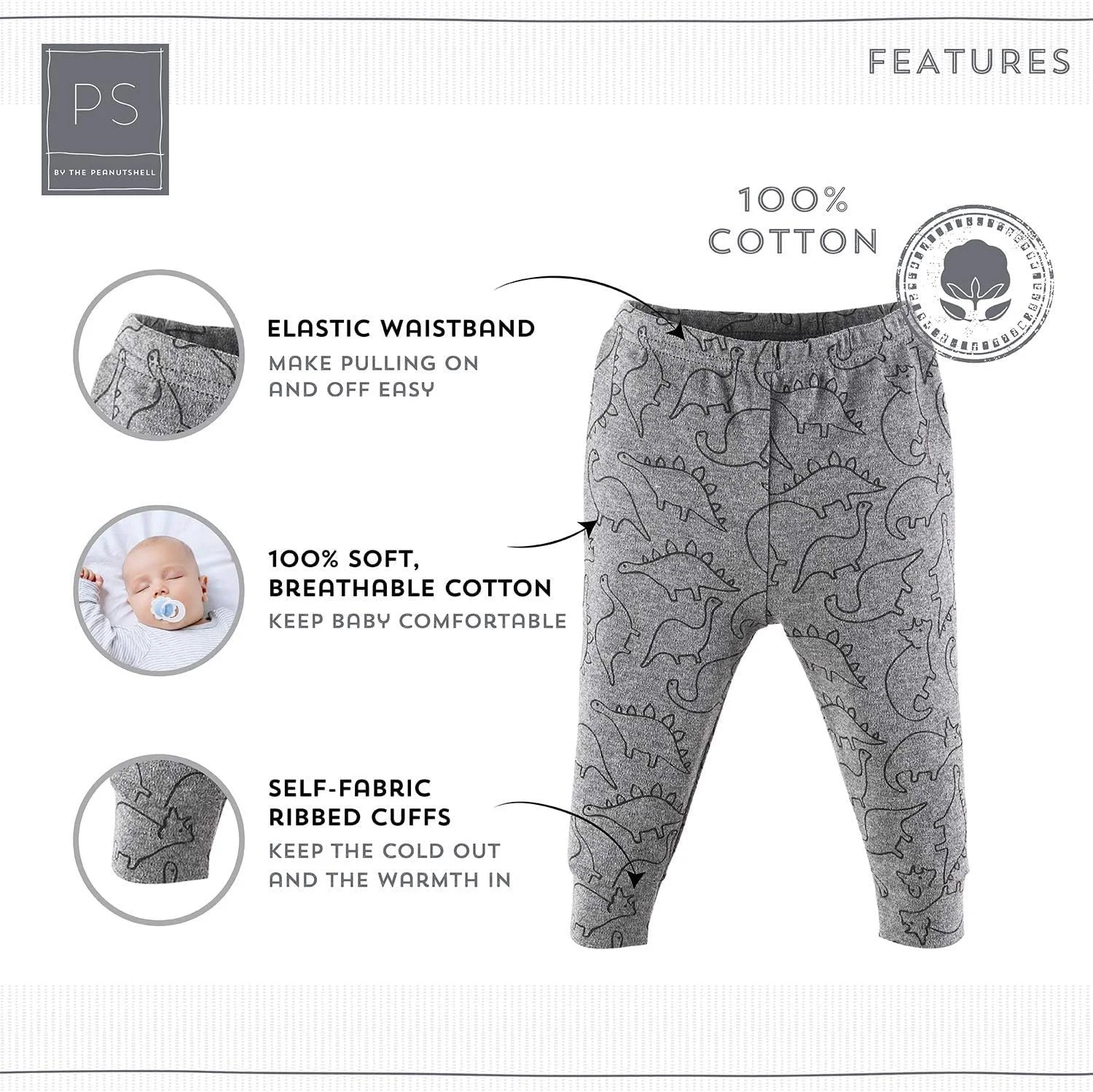 شلوار نوزادی پسرانه Peanutshell، بسته 5 عددی، طرح استتار دایناسور، سایز نوزاد تا 24 ماه