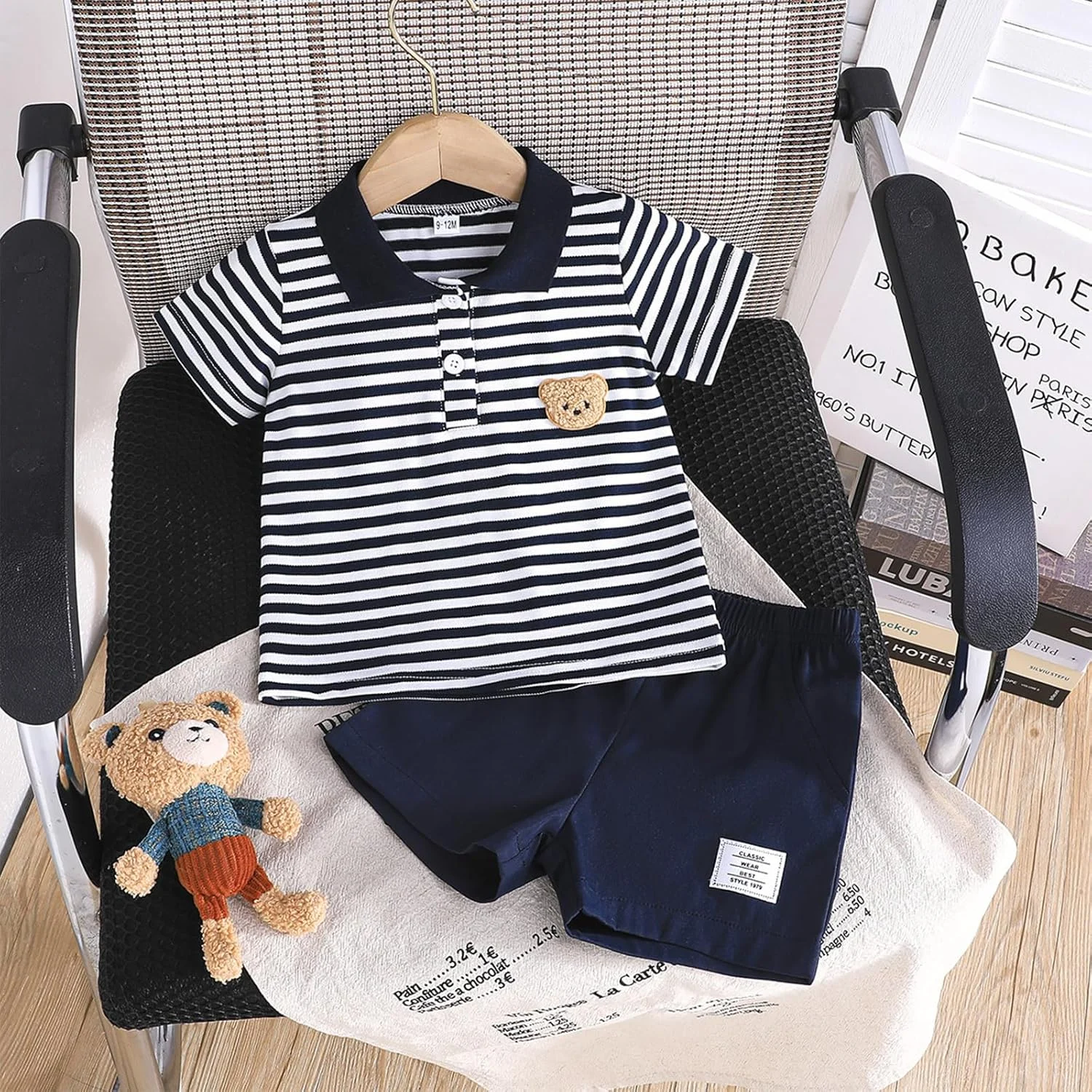 ست شورت پسرانه لباس تابستانی بچه گانه طرح خرس گلدوزی شده راه راه آستین کوتاه تی شرت یقه دار و شورت