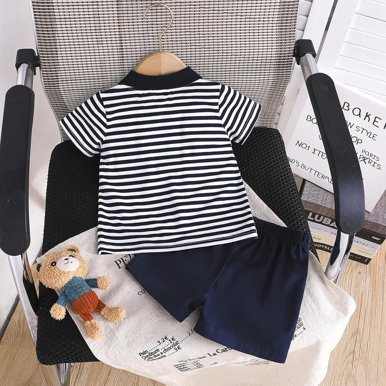 ست شورت پسرانه لباس تابستانی بچه گانه طرح خرس گلدوزی شده راه راه آستین کوتاه تی شرت یقه دار و شورت