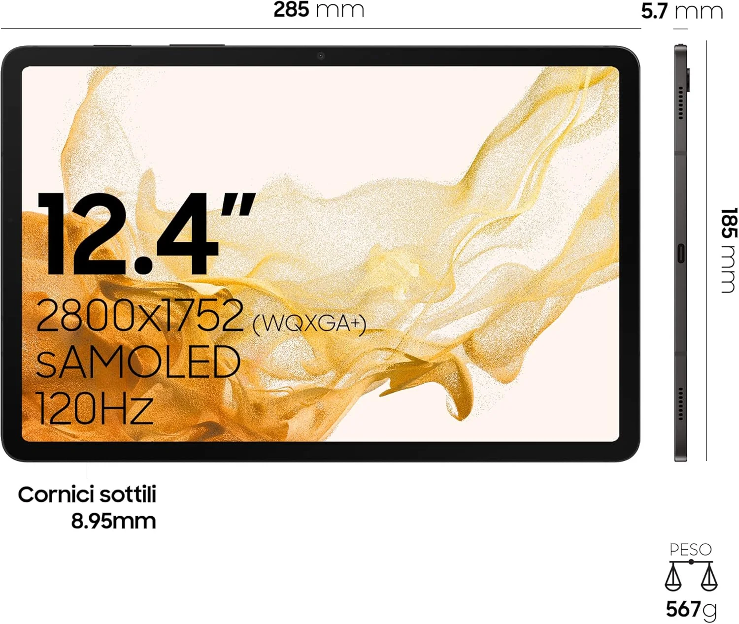 تبلت اندروید سامسونگ گلکسی تب S8+ با صفحه نمایش 12.4 اینچی، وای فای، رم 8 گیگابایت، حافظه داخلی 128 گیگابایت، اندروید 12، گرافیت [نسخه ایتالیایی] 2022