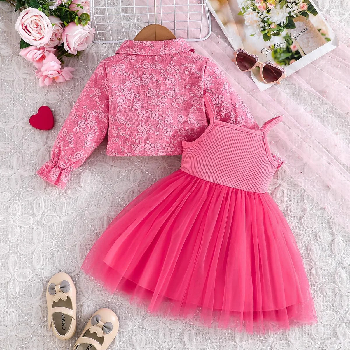 ست لباس دخترانه YEASGQS شامل پیراهن و کت 2 تکه، پیراهن توری قلب سه بعدی، لباس گلدوزی شده آستین بلند یقه دار، لباس نوزاد دختر