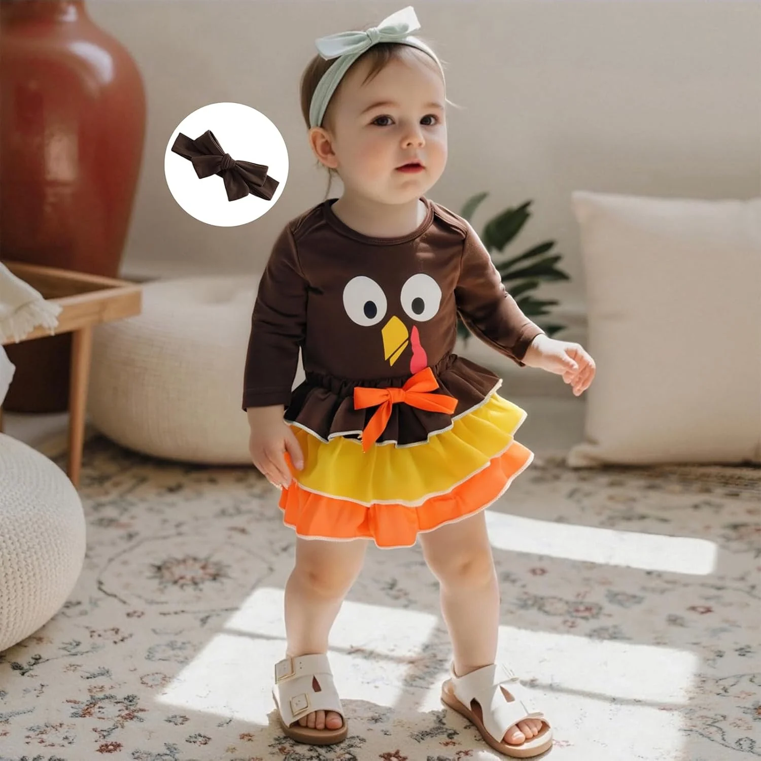 ست لباس نوزاد دخترانه xkwyshop برای روز شکرگزاری، شامل رامپر آستین بلند طرح بوقلمون، دامن توتو و هدبند 3 تکه