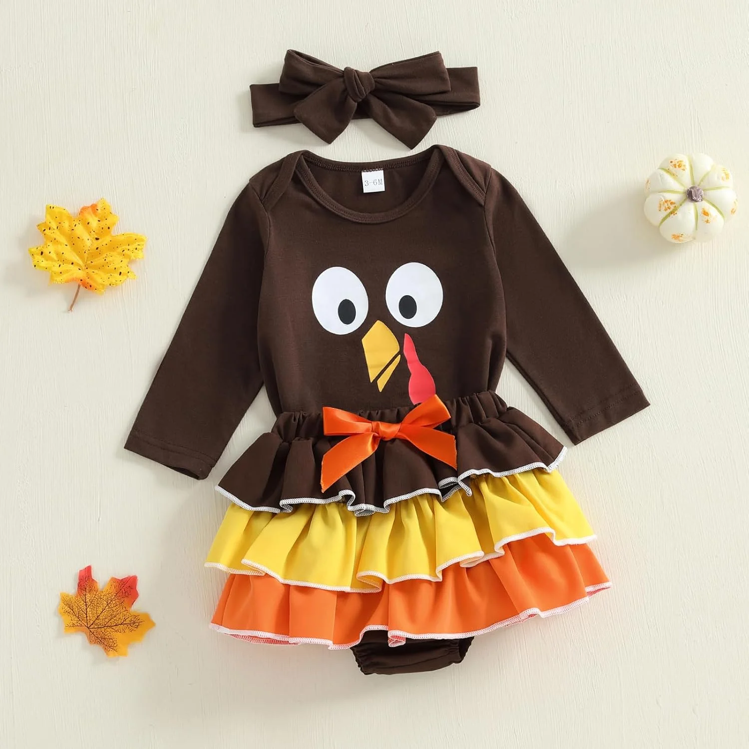 ست لباس نوزاد دخترانه xkwyshop برای روز شکرگزاری، شامل رامپر آستین بلند طرح بوقلمون، دامن توتو و هدبند 3 تکه