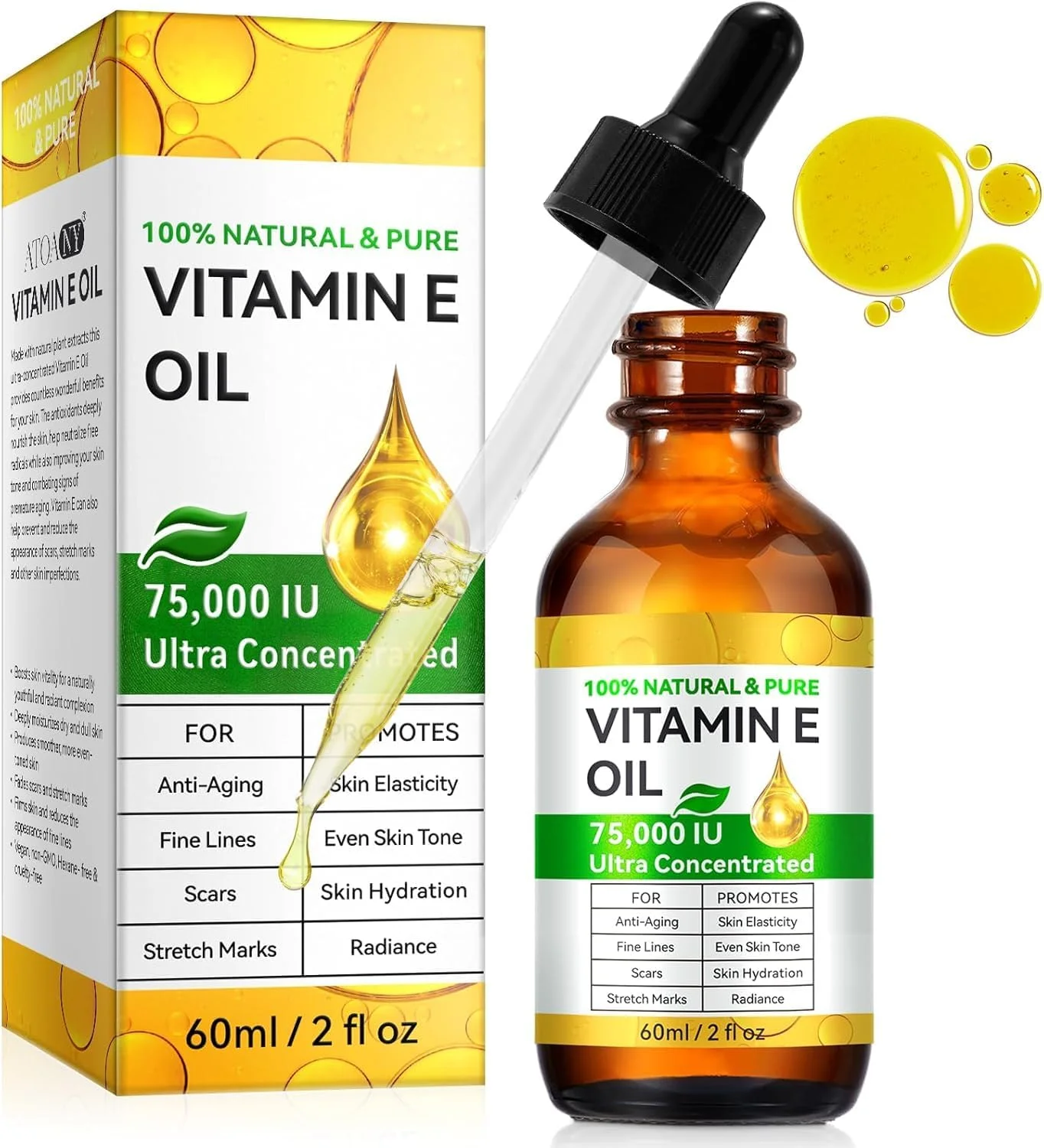 روغن ویتامین E برای پوست، صورت، جای زخم، مو و ناخن - روغن ویتامین E 100% خالص 75000 IU - کاهش خطوط ریز و مرطوب کننده پوست - سرم ویتامین E طبیعی برای جای زخم، خشکی، چین و چروک و ترک های پوستی