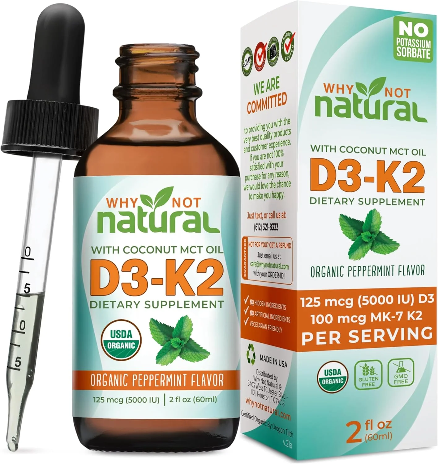 قطره خوراکی ویتامین D3 K2 (MK-7) ارگانیک و طبیعی Why Not Natural، 5000 واحد بین المللی D3 زیر زبانی با روغن نارگیل MCT، برای تقویت استخوان ها و دندان ها، حمایت از قلب و سیستم ایمنی