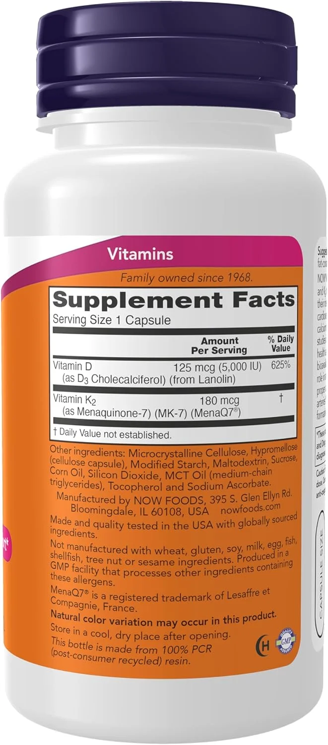 مکمل ناو، مگا D-3 و MK-7، 5000 واحد بین المللی / 180 میکروگرم، پشتیبانی از استخوان و قلب و عروق*، ویتامین های K-3 و K-2، 120 کپسول