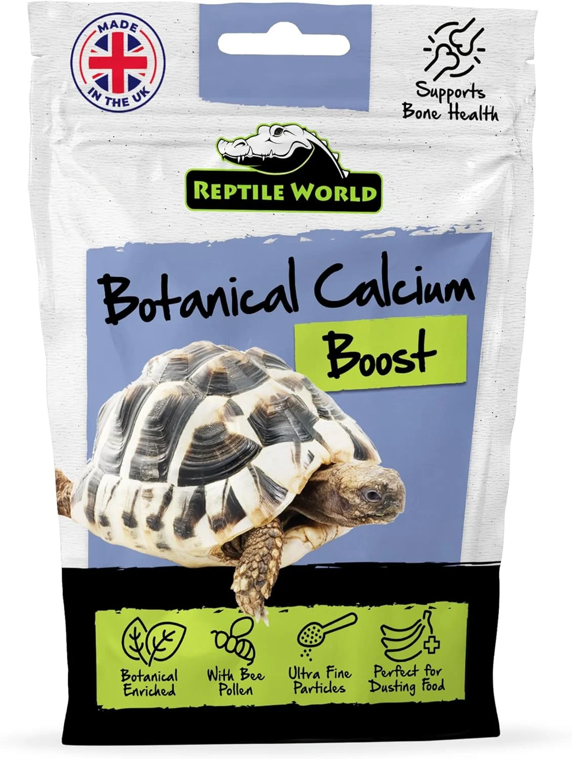 پودر کلسیم لاک پشت Reptile World، 100 گرم، کلسیم به همراه گیاهان دارویی و گرده زنبور عسل