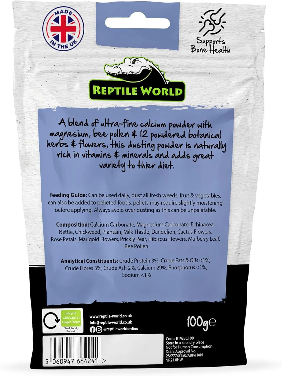 پودر کلسیم لاک پشت Reptile World، 100 گرم، کلسیم به همراه گیاهان دارویی و گرده زنبور عسل پودر کلسیم لاک پشت Reptile World، 100 گرم، کلسیم به همراه گیاهان دارویی و گرده زنبور عسل