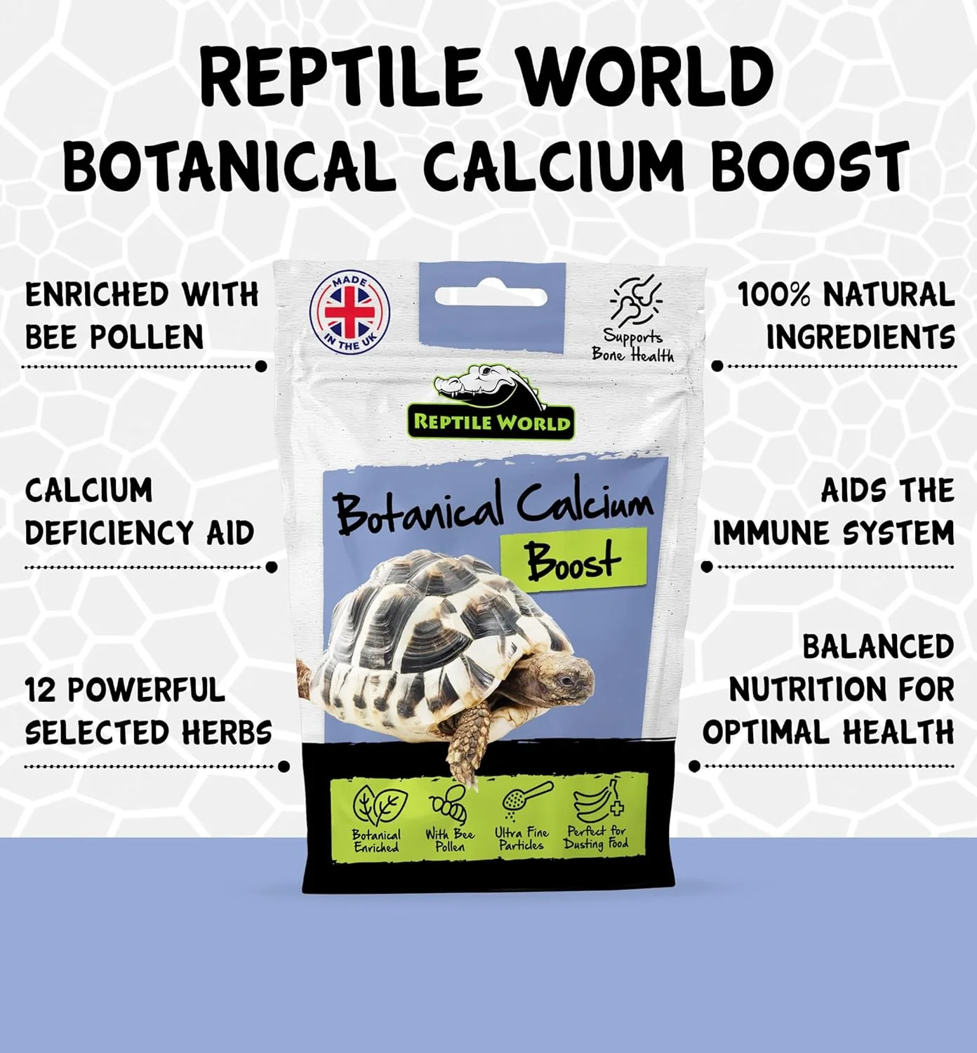 پودر کلسیم لاک پشت Reptile World، 100 گرم، کلسیم به همراه گیاهان دارویی و گرده زنبور عسل پودر کلسیم لاک پشت Reptile World، 100 گرم، کلسیم به همراه گیاهان دارویی و گرده زنبور عسل