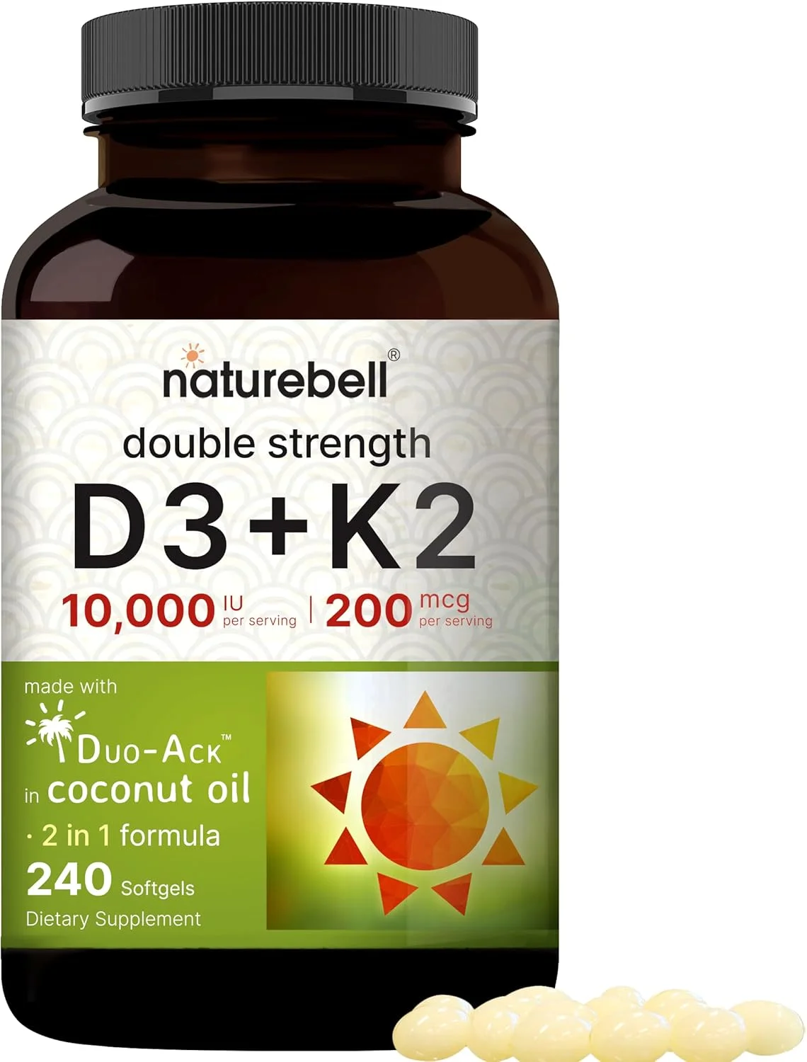 NatureBell ویتامین D3 K2 (10000 واحد بین المللی ویتامین D + 200 میکروگرم ویتامین K MK-7) 240 سافت ژل با روغن نارگیل برای جذب کامل | پشتیبانی از استخوان، قلب، ایمنی و کلسیم | یک عدد در روز، غیر GMO
