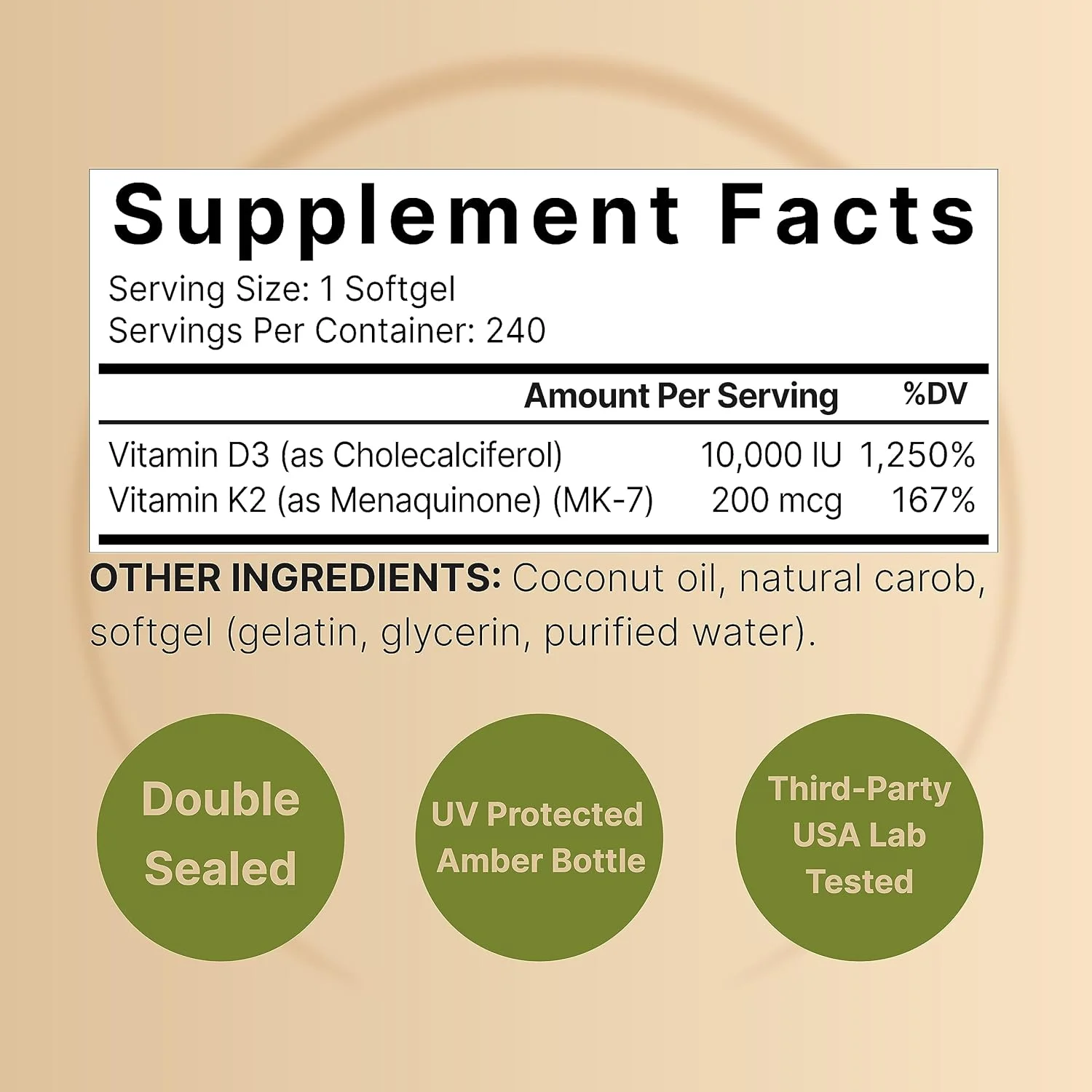 NatureBell ویتامین D3 K2 (10000 واحد بین المللی ویتامین D + 200 میکروگرم ویتامین K MK-7) 240 سافت ژل با روغن نارگیل برای جذب کامل | پشتیبانی از استخوان، قلب، ایمنی و کلسیم | یک عدد در روز، غیر GMO NatureBell ویتامین D3 K2 (10000 واحد بین المللی ویتامین D + 200 میکروگرم ویتامین K MK-7) 240 سافت ژل با روغن نارگیل برای جذب کامل | پشتیبانی از استخوان، قلب، ایمنی و کلسیم | یک عدد در روز، غیر GMO