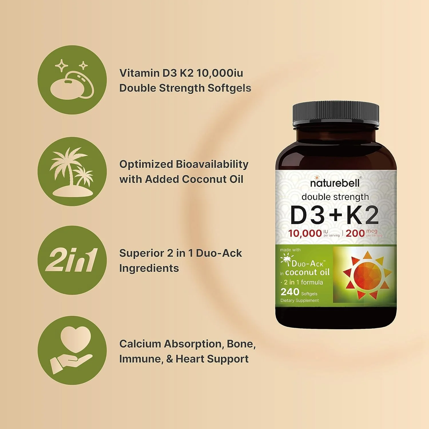 NatureBell ویتامین D3 K2 (10000 واحد بین المللی ویتامین D + 200 میکروگرم ویتامین K MK-7) 240 سافت ژل با روغن نارگیل برای جذب کامل | پشتیبانی از استخوان، قلب، ایمنی و کلسیم | یک عدد در روز، غیر GMO NatureBell ویتامین D3 K2 (10000 واحد بین المللی ویتامین D + 200 میکروگرم ویتامین K MK-7) 240 سافت ژل با روغن نارگیل برای جذب کامل | پشتیبانی از استخوان، قلب، ایمنی و کلسیم | یک عدد در روز، غیر GMO