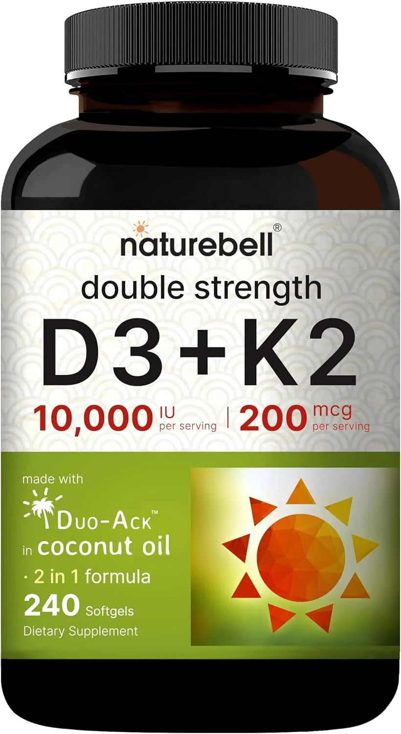 NatureBell ویتامین D3 K2 (10000 واحد بین المللی ویتامین D + 200 میکروگرم ویتامین K MK-7) 240 سافت ژل با روغن نارگیل برای جذب کامل | پشتیبانی از استخوان، قلب، ایمنی و کلسیم | یک عدد در روز، غیر GMO NatureBell ویتامین D3 K2 (10000 واحد بین المللی ویتامین D + 200 میکروگرم ویتامین K MK-7) 240 سافت ژل با روغن نارگیل برای جذب کامل | پشتیبانی از استخوان، قلب، ایمنی و کلسیم | یک عدد در روز، غیر GMO