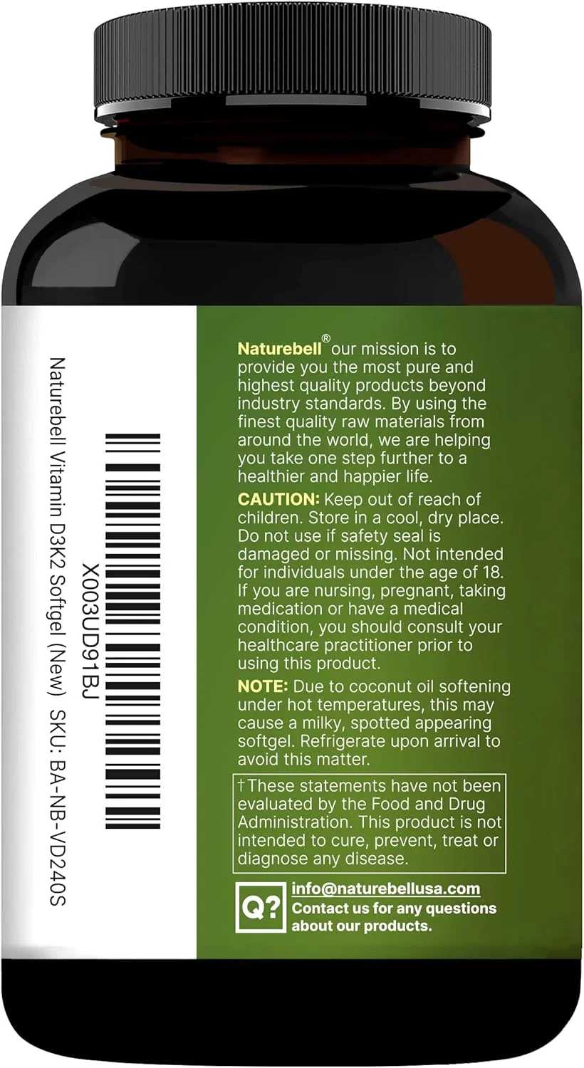 NatureBell ویتامین D3 K2 (10000 واحد بین المللی ویتامین D + 200 میکروگرم ویتامین K MK-7) 240 سافت ژل با روغن نارگیل برای جذب کامل | پشتیبانی از استخوان، قلب، ایمنی و کلسیم | یک عدد در روز، غیر GMO NatureBell ویتامین D3 K2 (10000 واحد بین المللی ویتامین D + 200 میکروگرم ویتامین K MK-7) 240 سافت ژل با روغن نارگیل برای جذب کامل | پشتیبانی از استخوان، قلب، ایمنی و کلسیم | یک عدد در روز، غیر GMO