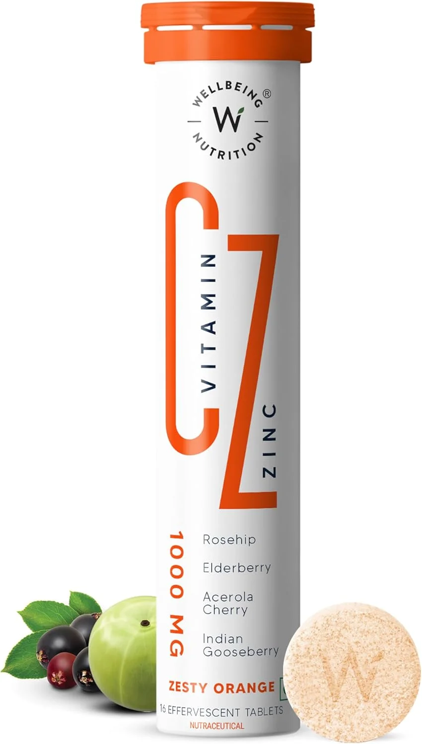 ویتامین C + زینک Wellbeing Nutrition | تقویت کننده ایمنی طبیعی و ارگانیک | 100% RDA | 1000 میلی گرم ویتامین C (بسته 16 عددی قرص جوشان)