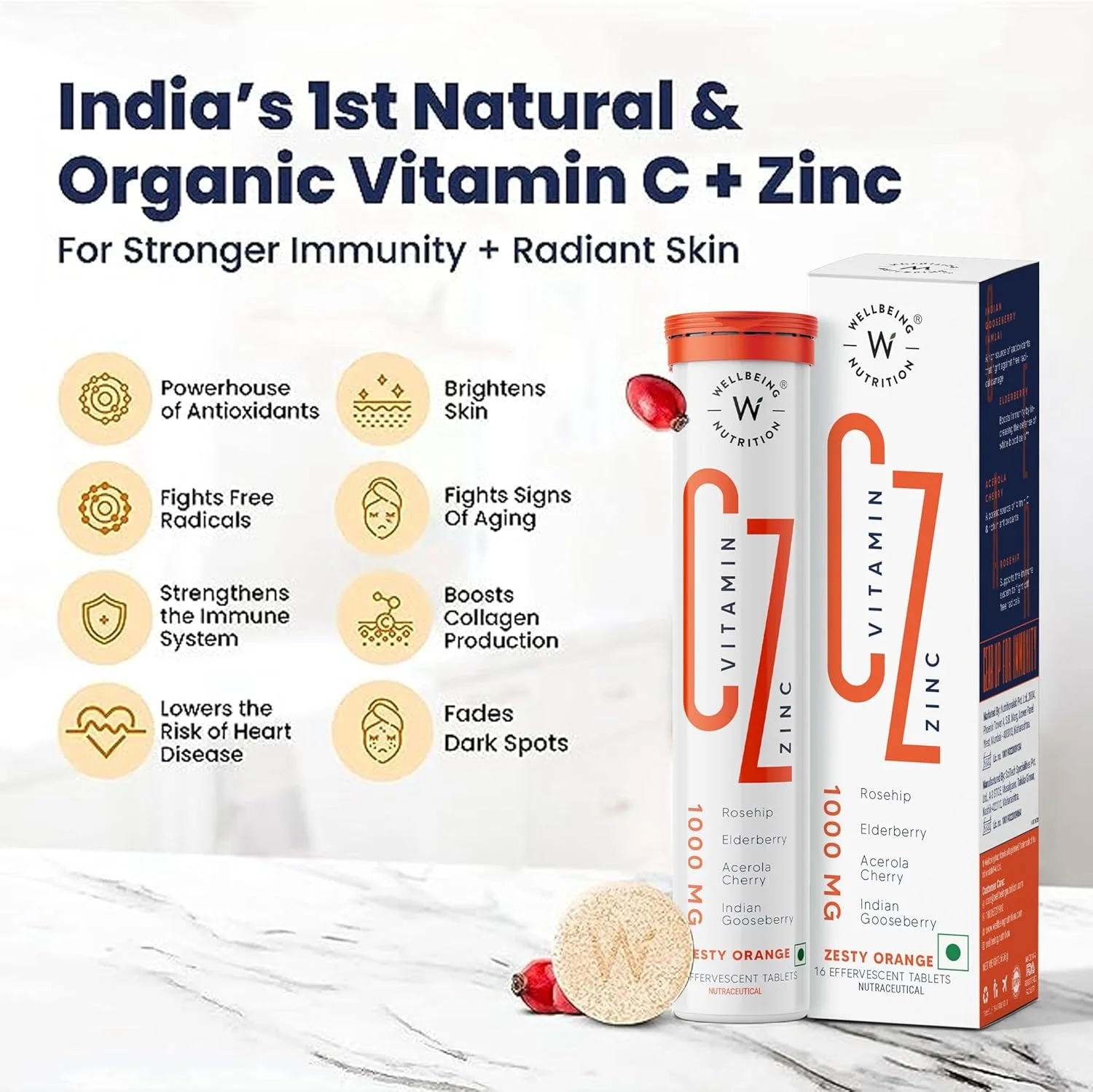ویتامین C + زینک Wellbeing Nutrition | تقویت کننده ایمنی طبیعی و ارگانیک | 100% RDA | 1000 میلی گرم ویتامین C (بسته 16 عددی قرص جوشان)