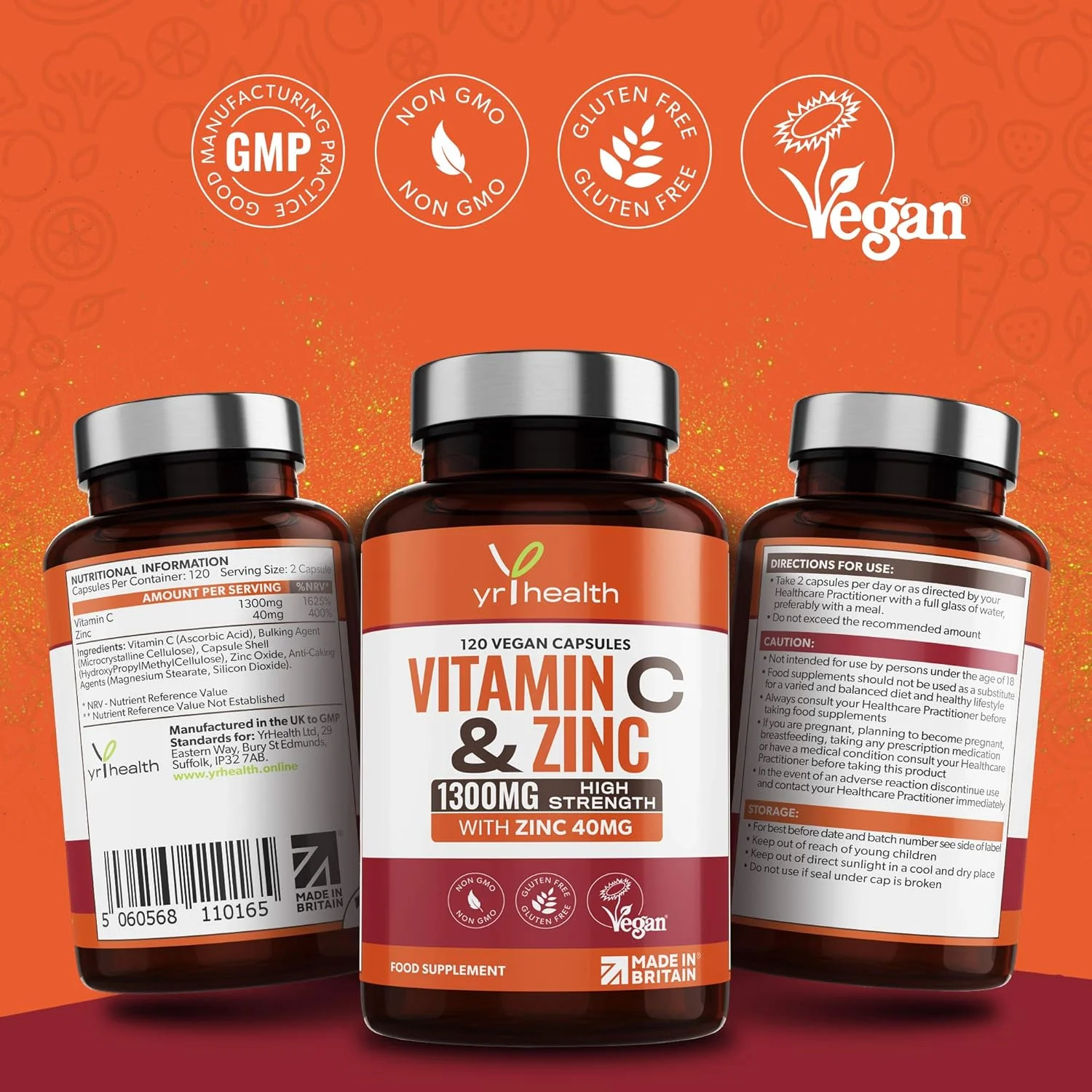 یرهلث ویتامین C 1300 میلی گرم و زینک 40 میلی گرم با قدرت بالا - ویتامین C و زینک برای حفظ عملکرد طبیعی سیستم ایمنی - 120 کپسول وگان، نه قرص - 2 عدد در هر وعده روزانه - ساخت انگلستان
