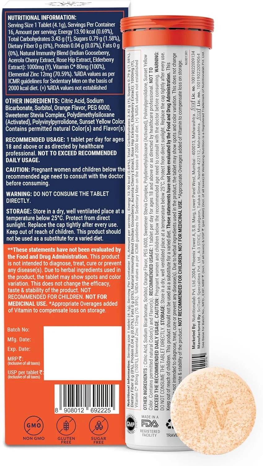ویتامین C + زینک Wellbeing Nutrition | تقویت کننده ایمنی طبیعی و ارگانیک | 100% RDA | 1000 میلی گرم ویتامین C (بسته 16 عددی قرص جوشان)