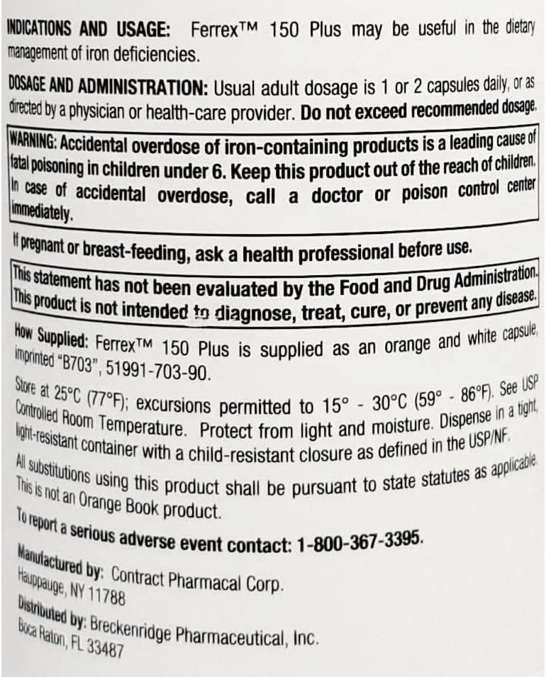 کپسول های کمپلکس آهن پلی ساکارید Deizang Breckenridge Pharmaceutical Ferrex 150، 100 عددی *غیر بلیستر* توسط "Inc."