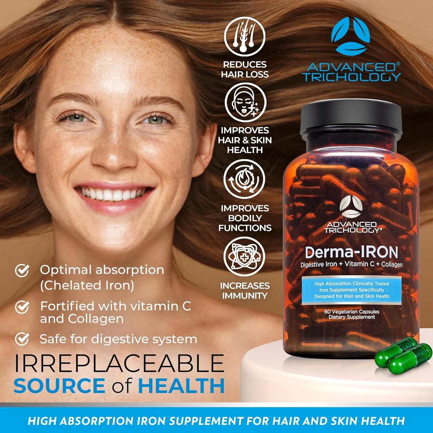 مکمل درما-آهن Advanced Trichology برای زنان و مردان - قرص های خون ساز آهن برای مو و پوست با کلاژن و ویتامین C طبیعی، آهن و فریتین پایین، نازک شدن مو، پشتیبانی از ریزش مو مکمل درما-آهن Advanced Trichology برای زنان و مردان - قرص های خون ساز آهن برای مو و پوست با کلاژن و ویتامین C طبیعی، آهن و فریتین پایین، نازک شدن مو، پشتیبانی از ریزش مو