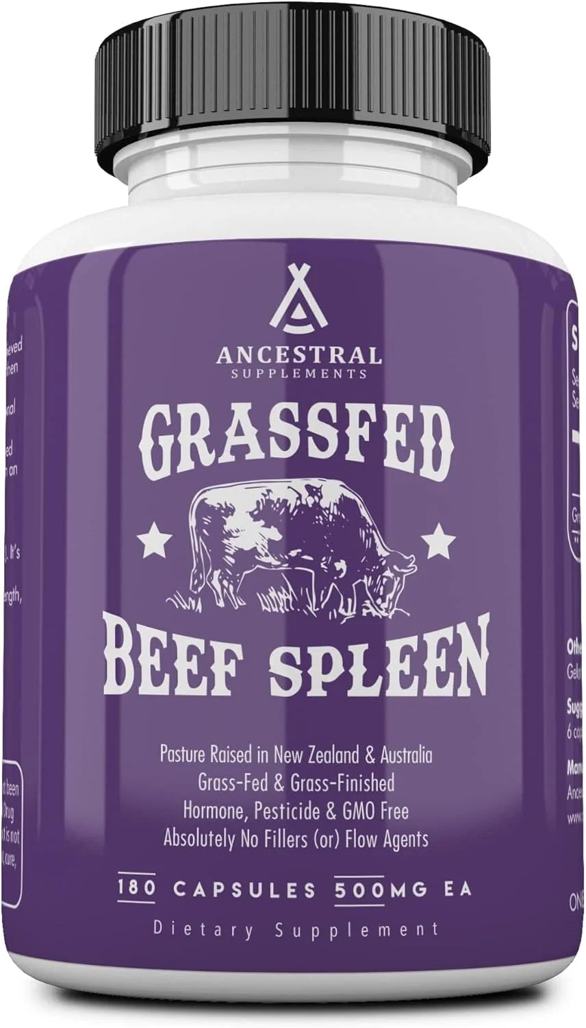 مکمل طحال گاو تغذیه شده با علف Ancestral Supplements، فرمول پشتیبانی از طحال 3000 میلی گرمی، تقویت کننده سیستم ایمنی، آهن و سلامت آلرژی، غیر GMO، 180 کپسول