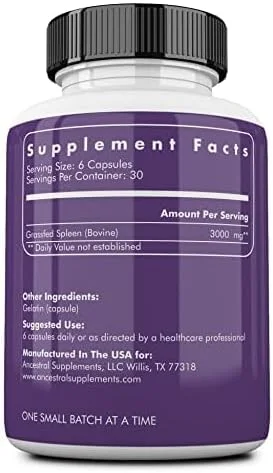 مکمل طحال گاو تغذیه شده با علف Ancestral Supplements، فرمول پشتیبانی از طحال 3000 میلی گرمی، تقویت کننده سیستم ایمنی، آهن و سلامت آلرژی، غیر GMO، 180 کپسول
