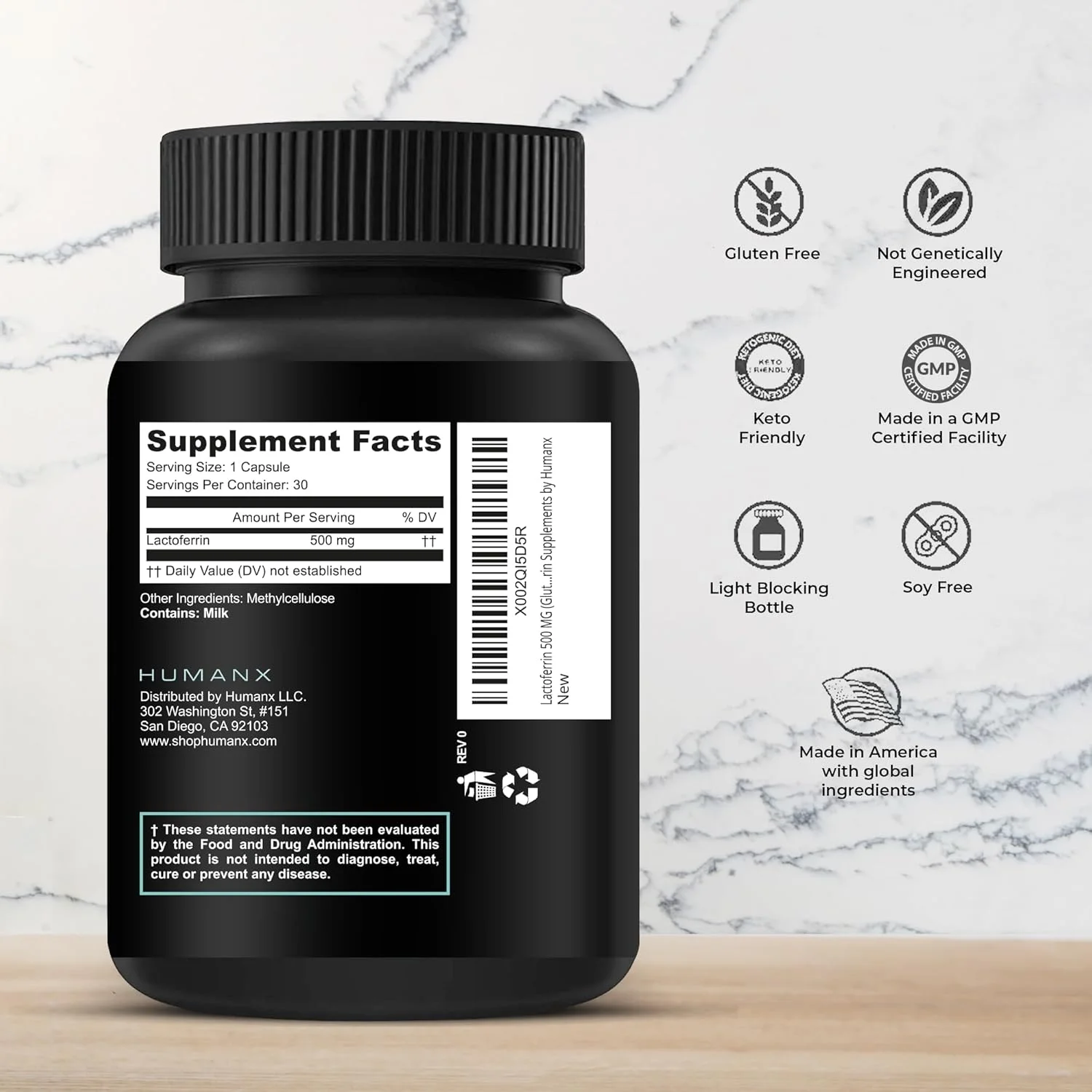 لاکتوفرین 500 میلی گرم HUMANX - اندازه سروینگ قوی (بدون گلوتن، غیر GMO، مکمل های بدون سویا) - یک جزء در آغوز - ساخت ایالات متحده آمریکا، پشتیبانی از ایمنی سالم، استفاده و جذب آهن