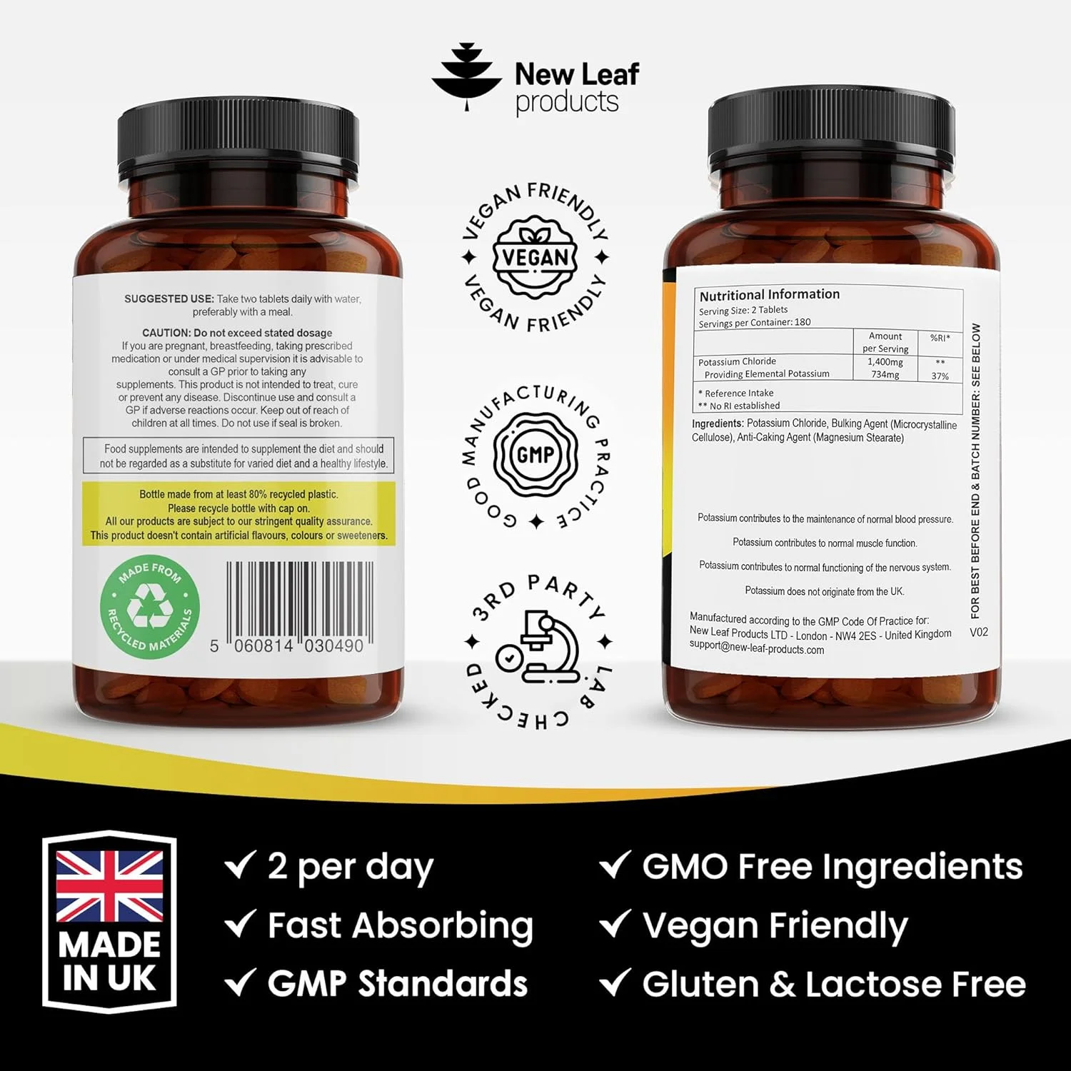 مکمل پتاسیم 1000 میلی گرم، 240 قرص پتاسیم سیترات گیاهی، مکمل الکترولیت های معدنی پتاسیم، کمک به عملکرد طبیعی عضلات، وگان، بدون گلوتن، غیر GMO، ساخت انگلستان توسط نیو لیف