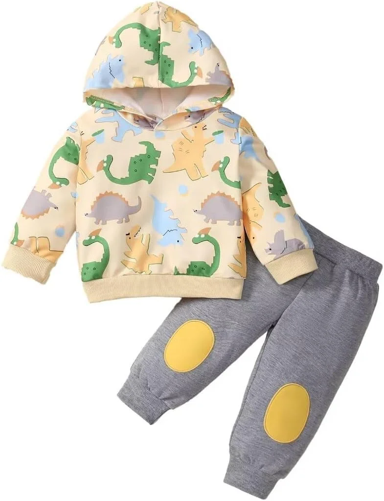 لباس پسرانه بچه گانه پاییز زمستان لباس ست هودی طرح دایناسور و شلوار ورزشی