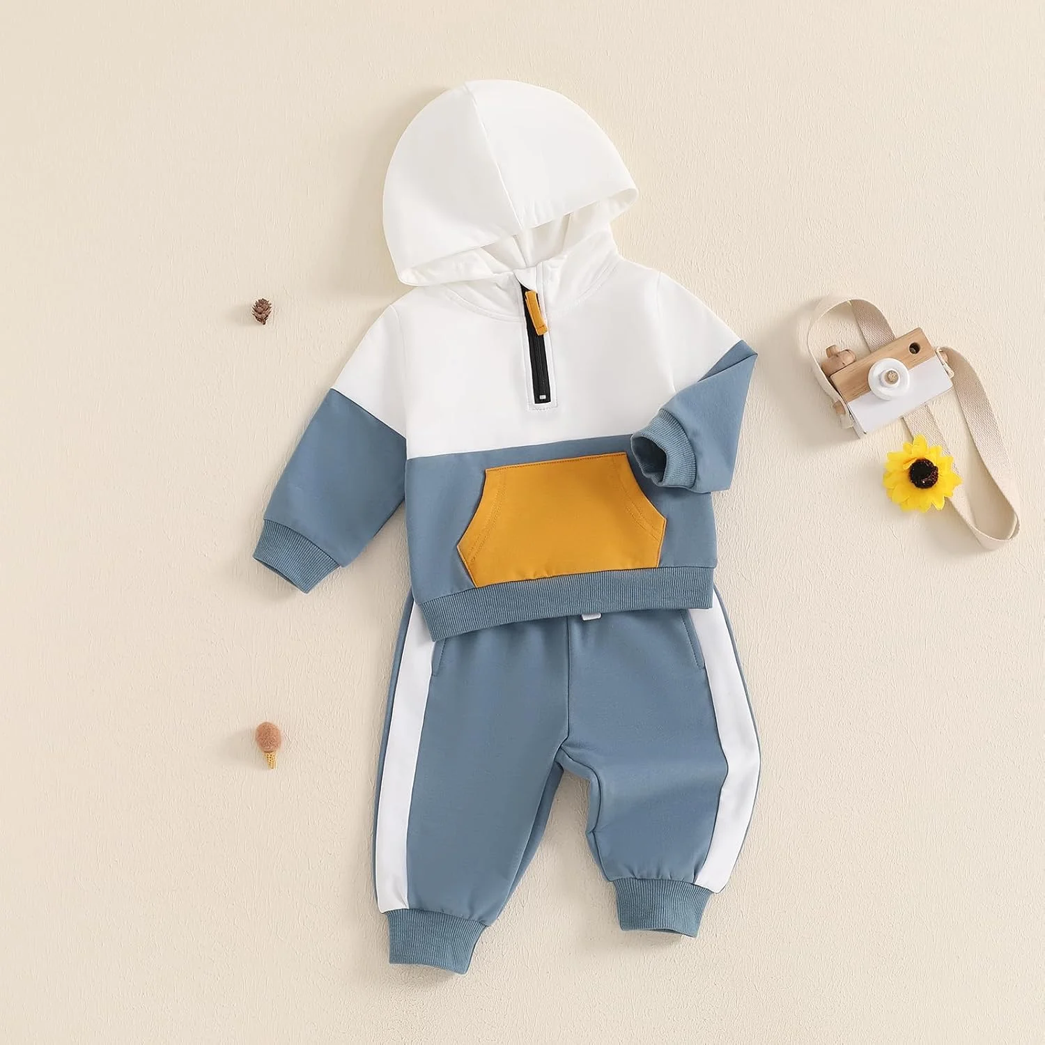 ست لباس پاییزه نوزاد پسر Caziffer شامل هودی آستین بلند با رنگ های متضاد و شلوار الاستیک ست لباس پاییزه نوزاد پسر Caziffer شامل هودی آستین بلند با رنگ های متضاد و شلوار الاستیک