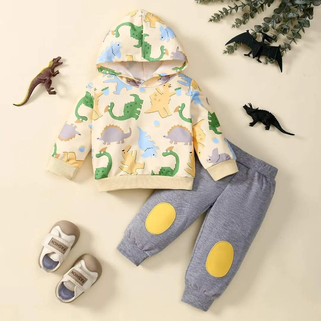 لباس پسرانه بچه گانه پاییز زمستان لباس ست هودی طرح دایناسور و شلوار ورزشی