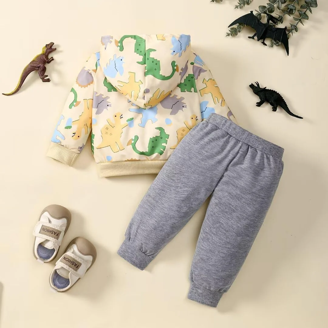 لباس پسرانه بچه گانه پاییز زمستان لباس ست هودی طرح دایناسور و شلوار ورزشی
