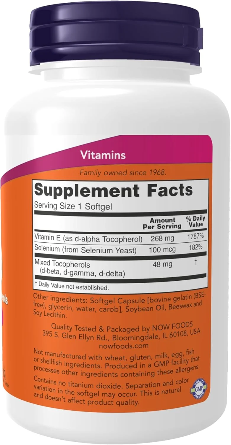Now Foods ویتامین E-400iu با توکوفرول های مخلوط به همراه 100 میکروگرم سلنیوم 100 سافت ژل