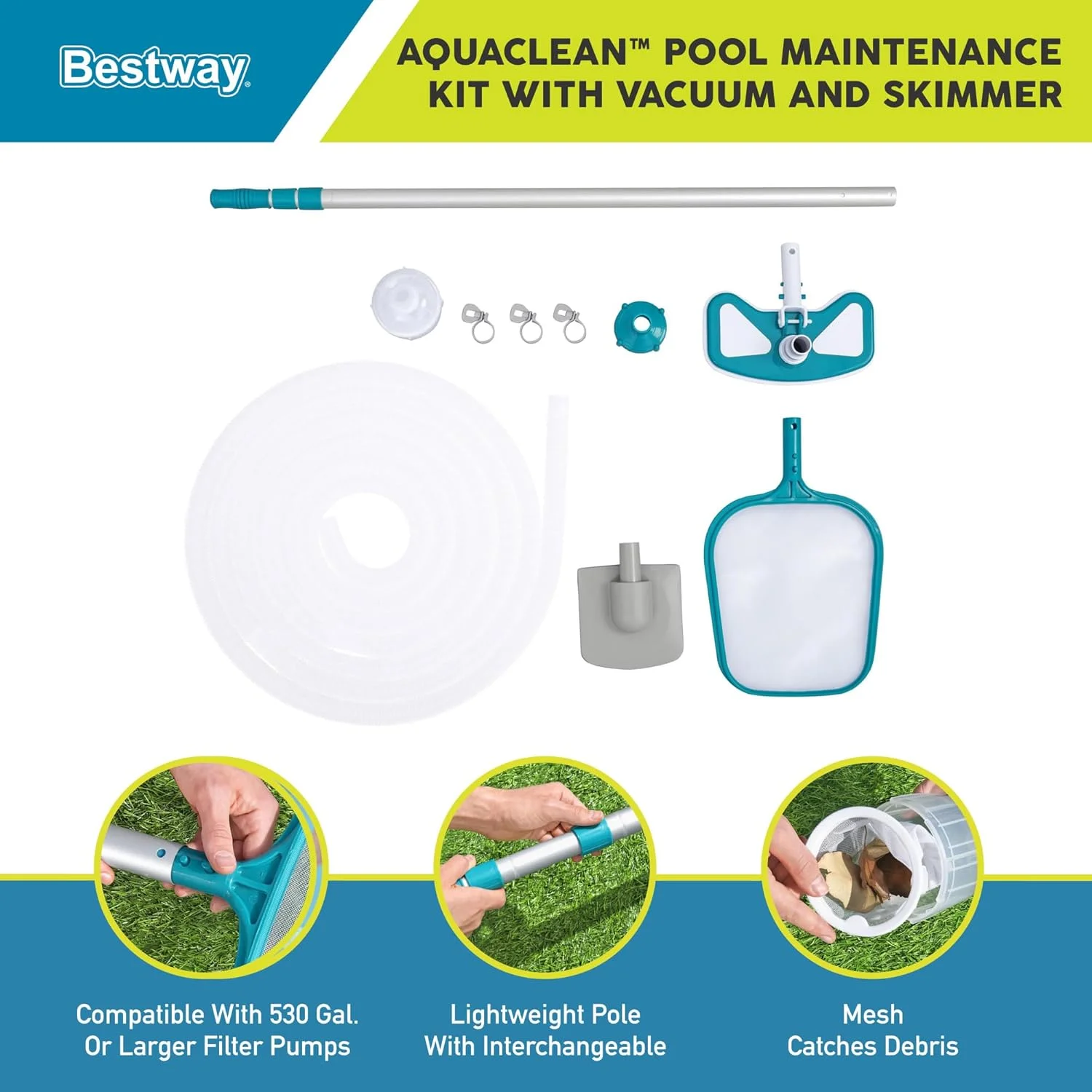 مجموعه لوازم جانبی تمیز کننده و نگهداری استخر روکار Bestway 58234 مناسب برای پمپ های فیلتر با نرخ جریان 530 Gph - آبی مجموعه لوازم جانبی تمیز کننده و نگهداری استخر روکار Bestway 58234 مناسب برای پمپ های فیلتر با نرخ جریان 530 Gph - آبی
