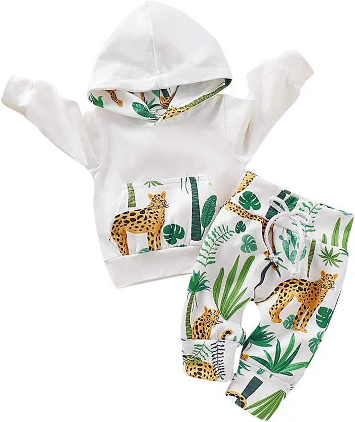 ست لباس نوزاد دخترانه EDOTON، ست 2 تکه شامل هودی راه راه گلدار با جیب + شلوار بلند، لباس گرمکن