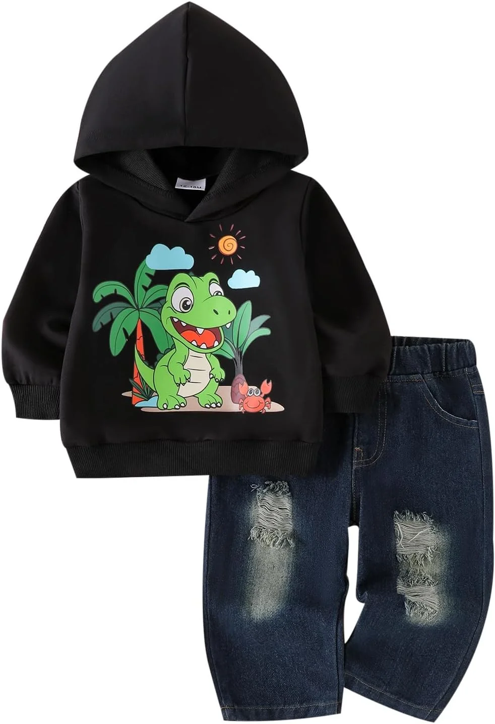 لباس پسرانه بچه گانه، ست لباس پاییزه و زمستانه، هودی آستین بلند کارتونی، شلوار جین پاره، 2 تکه، 1 تا 5 سال