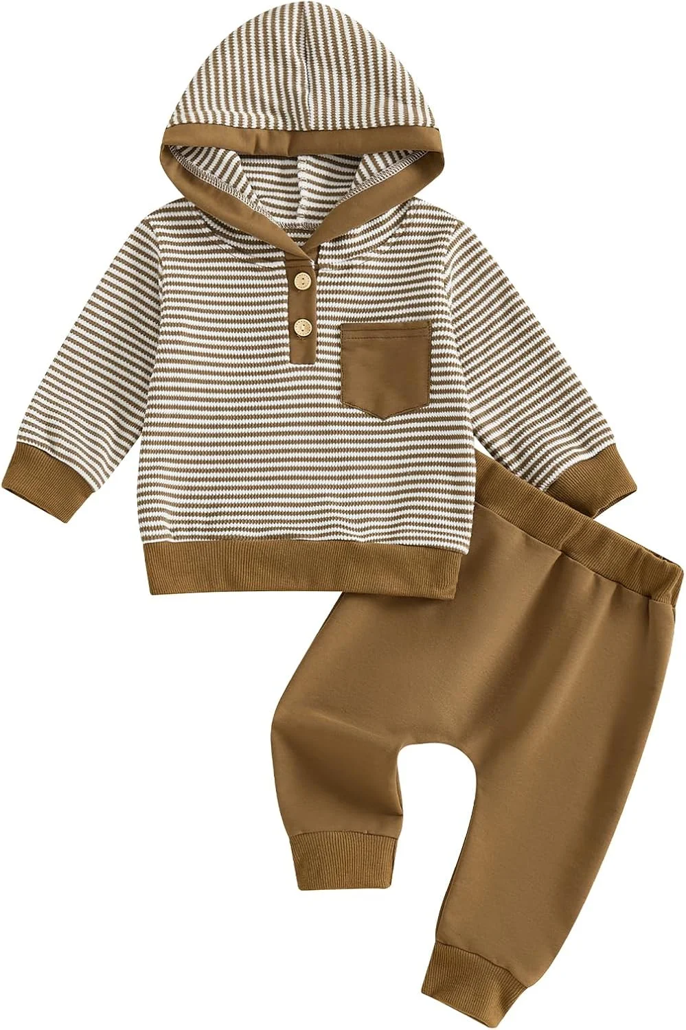ست لباس ورزشی نوزاد پسر Geagodelia، راه راه، نیم دکمه، هودی آستین بلند، تاپ های پلیور کلاه دار با جیب و ست شلوار کمر الاستیک 2 تکه لباس پسرانه نوپا