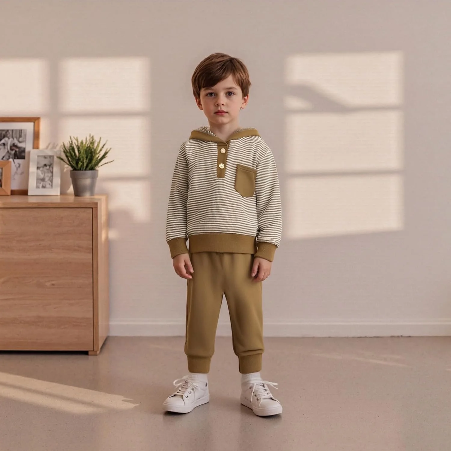 ست لباس ورزشی نوزاد پسر Geagodelia، راه راه، نیم دکمه، هودی آستین بلند، تاپ های پلیور کلاه دار با جیب و ست شلوار کمر الاستیک 2 تکه لباس پسرانه نوپا