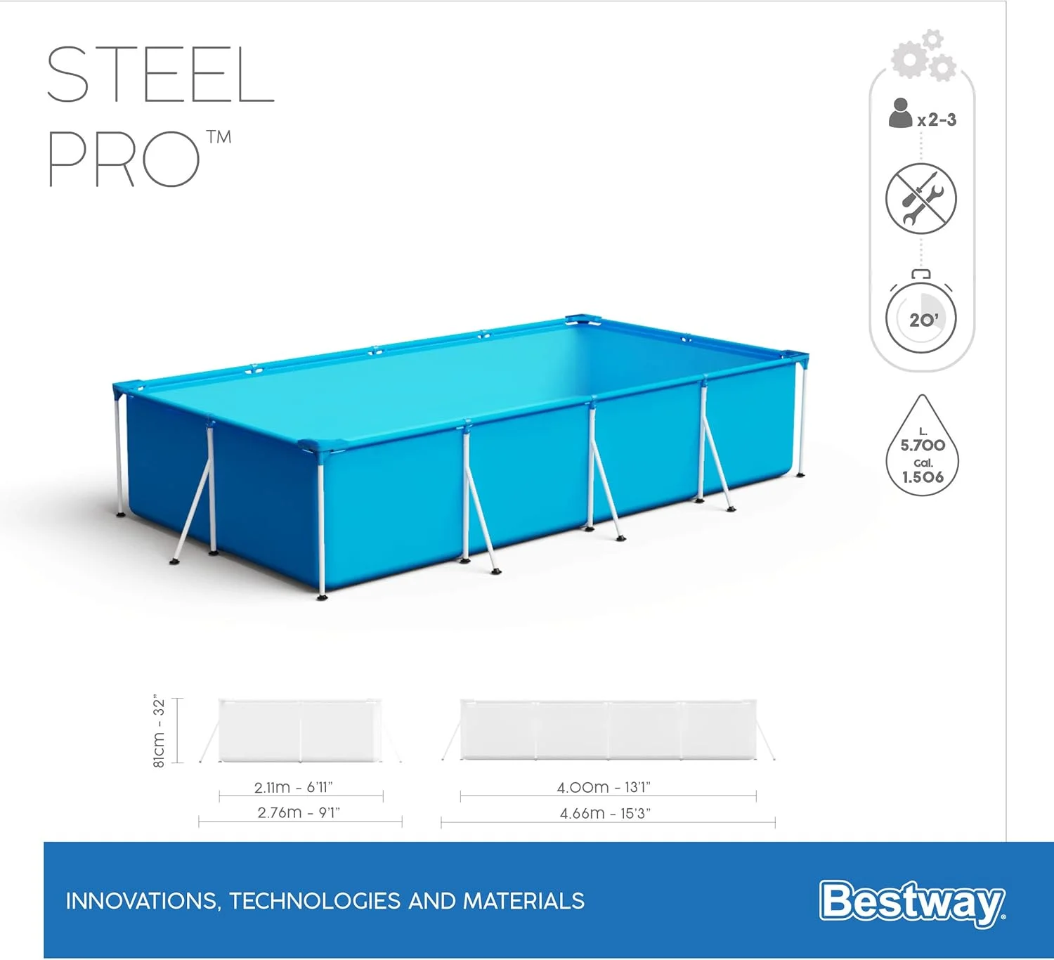 استخر مستطیلی بچه گانه بست وی مدل Steel Pro 56424 با قاب فولادی و پمپ فیلتر، آبی، 400 x 211 x 81 سانتی متر استخر مستطیلی بچه گانه بست وی مدل Steel Pro 56424 با قاب فولادی و پمپ فیلتر، آبی، 400 x 211 x 81 سانتی متر