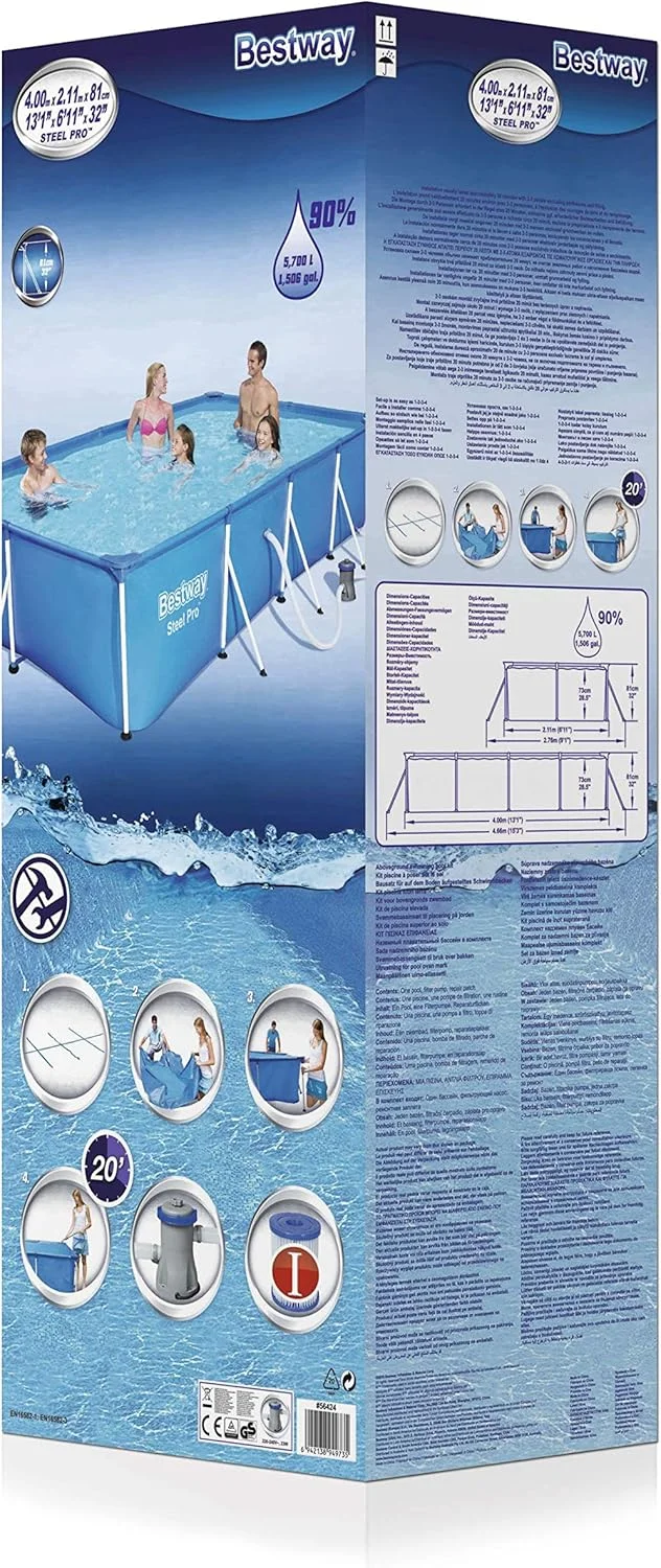 استخر مستطیلی بچه گانه بست وی مدل Steel Pro 56424 با قاب فولادی و پمپ فیلتر، آبی، 400 x 211 x 81 سانتی متر استخر مستطیلی بچه گانه بست وی مدل Steel Pro 56424 با قاب فولادی و پمپ فیلتر، آبی، 400 x 211 x 81 سانتی متر