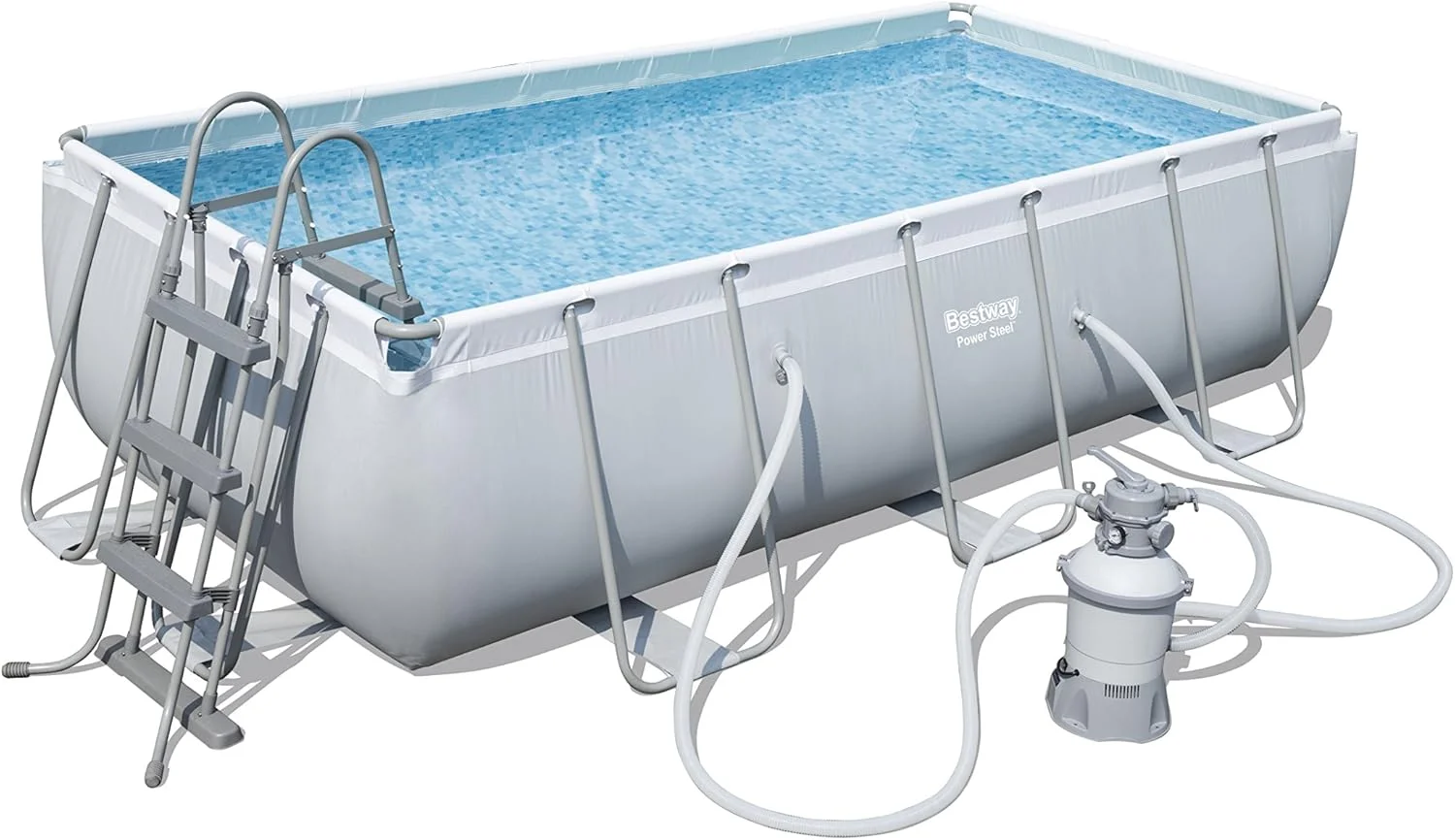 مجموعه استخر پیش ساخته مستطیلی بست وی مدل Power Steel، خاکستری روشن، همراه با پمپ فیلتر شنی + لوازم جانبی