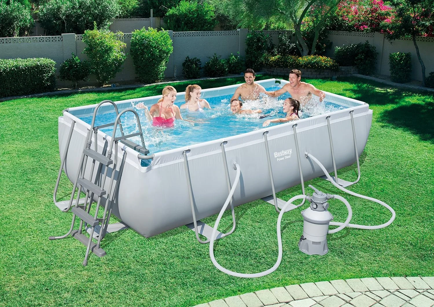 مجموعه استخر پیش ساخته مستطیلی بست وی مدل Power Steel، خاکستری روشن، همراه با پمپ فیلتر شنی + لوازم جانبی مجموعه استخر پیش ساخته مستطیلی بست وی مدل Power Steel، خاکستری روشن، همراه با پمپ فیلتر شنی + لوازم جانبی