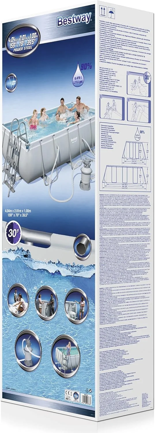 مجموعه استخر پیش ساخته مستطیلی بست وی مدل Power Steel، خاکستری روشن، همراه با پمپ فیلتر شنی + لوازم جانبی مجموعه استخر پیش ساخته مستطیلی بست وی مدل Power Steel، خاکستری روشن، همراه با پمپ فیلتر شنی + لوازم جانبی