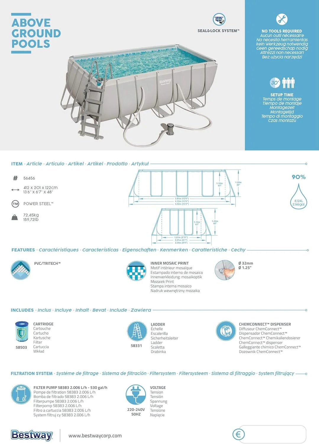استخر شنا مستطیلی بست وی مدل Power Steel، 56456 استخر شنا مستطیلی بست وی مدل Power Steel، 56456
