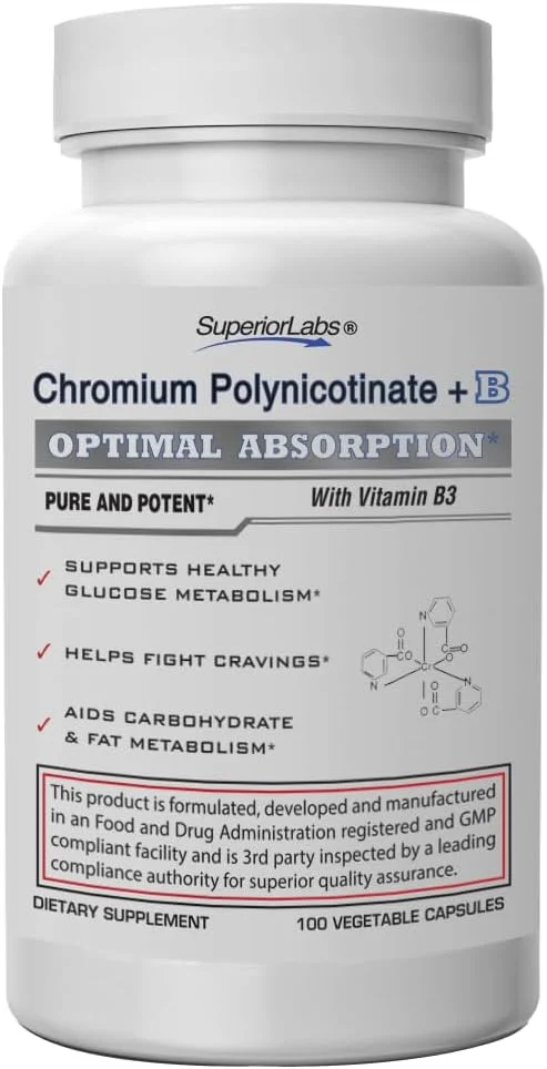 مکمل کروم پلی نیکوتینات خالص Superior Labs - ساخت آمریکا - 200 میکروگرم + ویتامین B3 برای جذب بهینه، کپسول گیاهی، تامین 14 هفته
