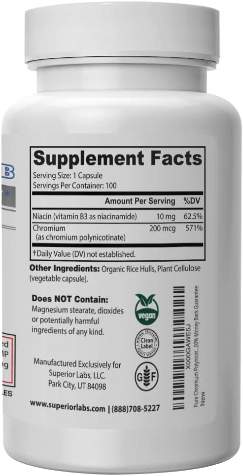 مکمل کروم پلی نیکوتینات خالص Superior Labs - ساخت آمریکا - 200 میکروگرم + ویتامین B3 برای جذب بهینه، کپسول گیاهی، تامین 14 هفته