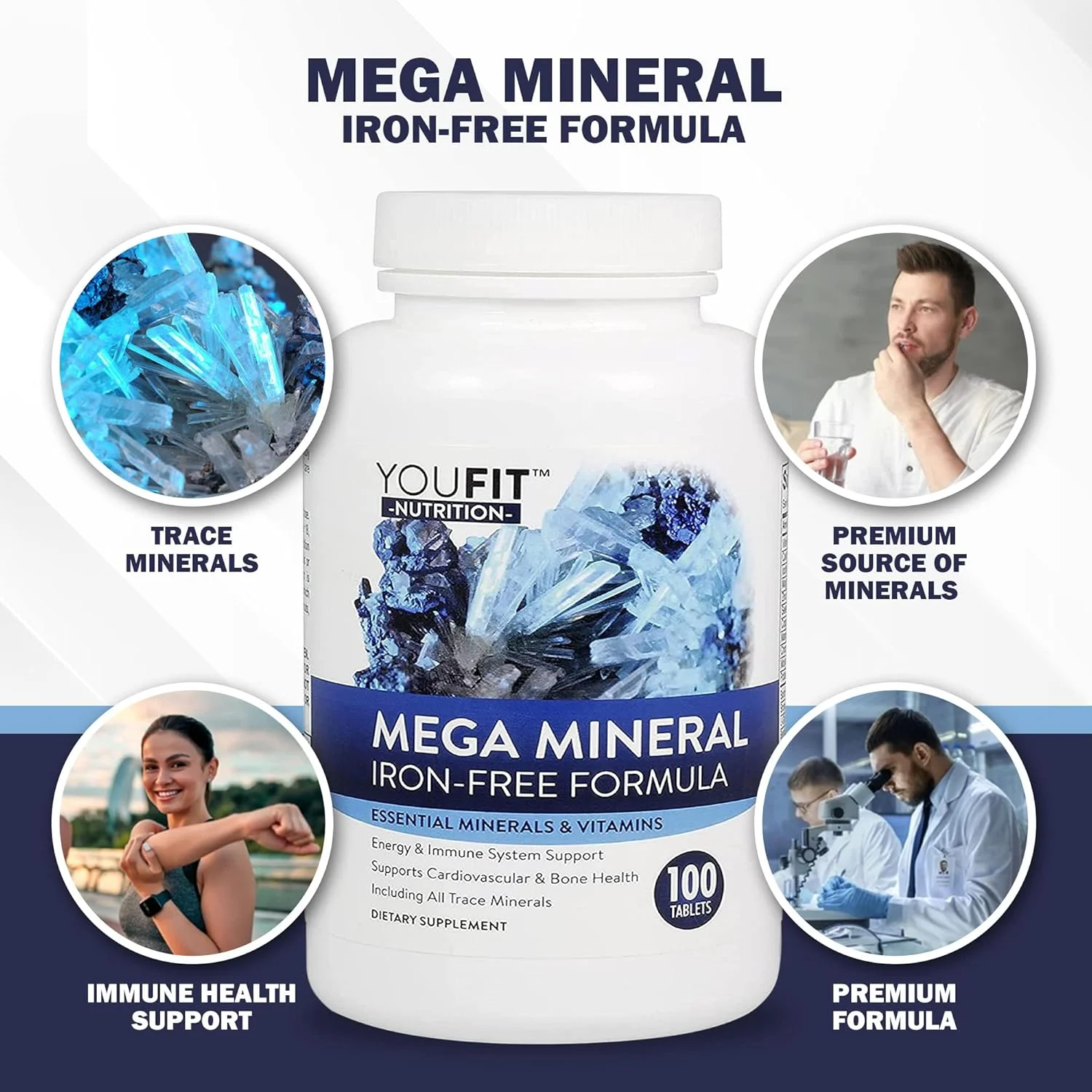 مکمل مواد معدنی مگا YouFit Nutrition | تمام 72 ماده معدنی کمیاب | فرمول برتر با منبع مواد معدنی و پشتیبانی از سلامت ایمنی | بدون آهن | همه در یک | 1000 میلی گرم کلسیم 500 میلی گرم منیزیم