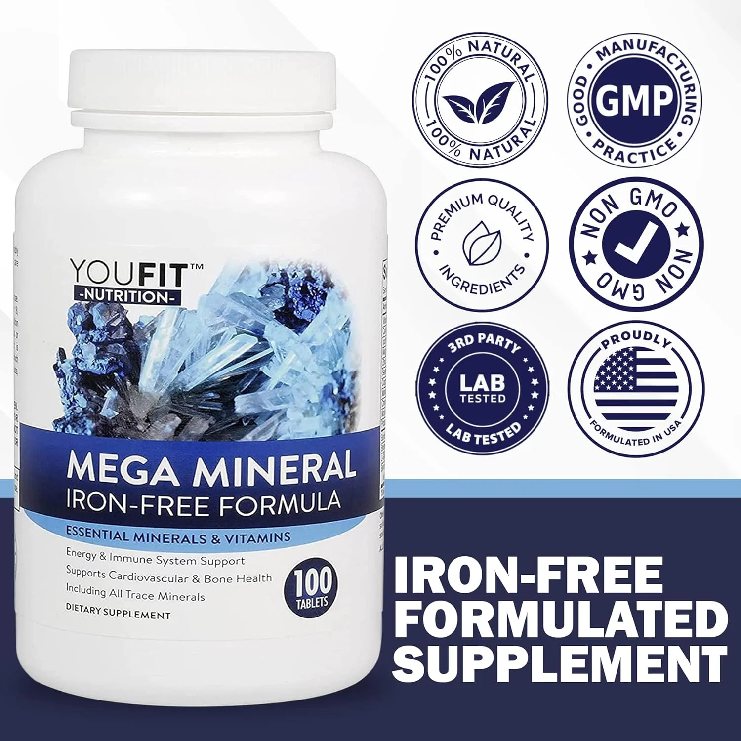 مکمل مواد معدنی مگا YouFit Nutrition | تمام 72 ماده معدنی کمیاب | فرمول برتر با منبع مواد معدنی و پشتیبانی از سلامت ایمنی | بدون آهن | همه در یک | 1000 میلی گرم کلسیم 500 میلی گرم منیزیم