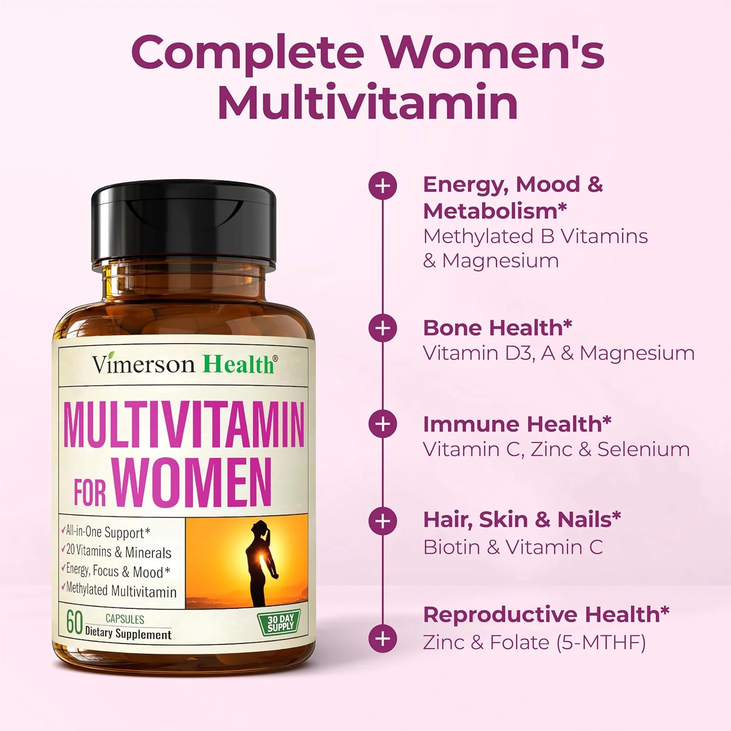 مکمل مولتی ویتامین و مولتی مینرال روزانه مخصوص بانوان Vimerson Health - 60 کپسول